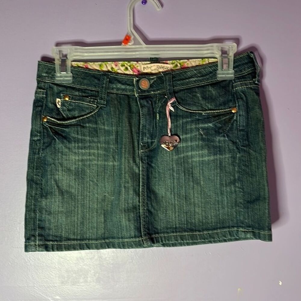 Betsey Johnson Women's Denim Mini Skirt Pink Floral Size 25 W